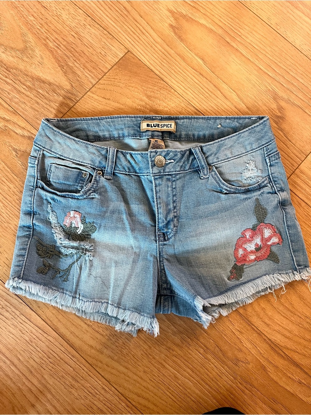 Blue Spice Light Blue Denim Floral Embroidered Fray-Hem Shorts